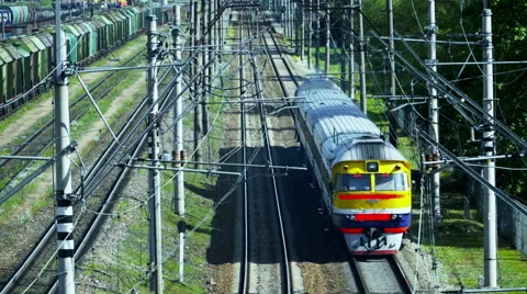 Retro passenger train. Made in the USSR. Shot from above Stock Footage 53339849