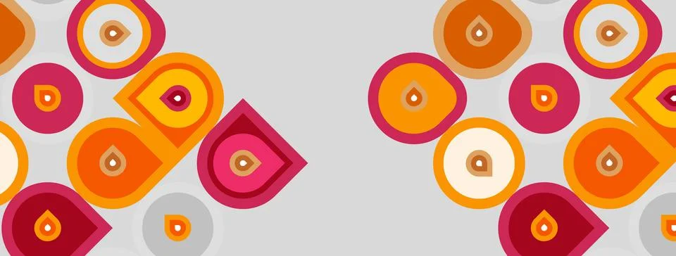 Retro pattern features circles, squares, teardrops. Warm orange, pink hues Stockillustratie