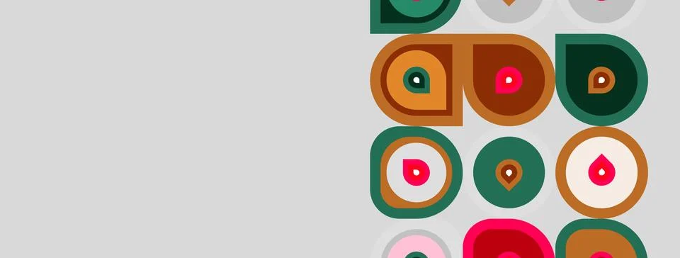 Retro pattern features colorful circles, squares, teardrops. Geometric shapes 스톡 일러스트