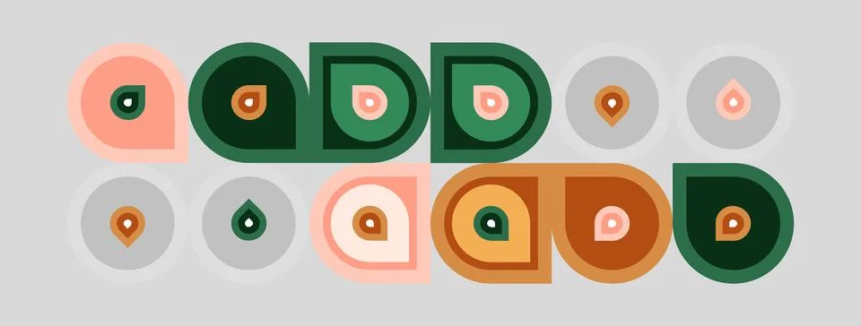 Retro pattern features colorful circles, squares, droplets. Minimalist design Stock Illustration