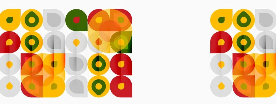 Retro pattern features colorful squares, circles. Design repeats horizontally イラスト素材