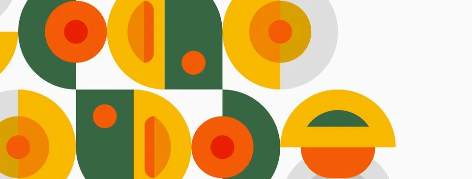 Retro pattern features geometric shapes, circles, rectangles, muted orange, Illustrazione stock
