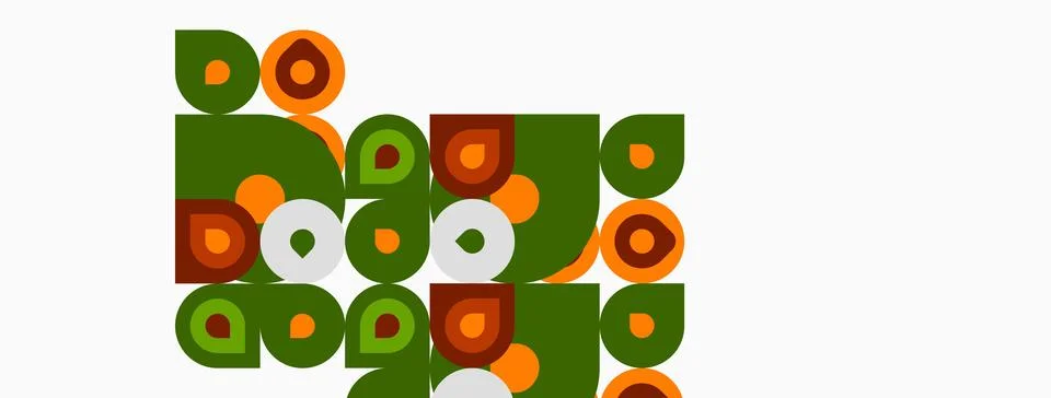 Retro pattern features green, orange, white squares. Geometric shapes create Stock Illustration