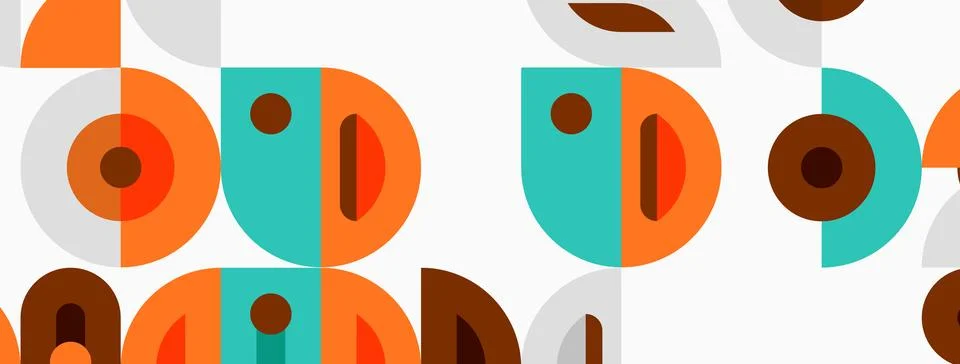 Retro pattern features overlapping circles, semicircles. Colors include orang Stockillustratie
