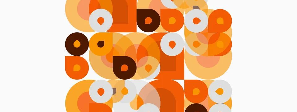 Retro pattern features overlapping circles, squares. Warm orange, brown tones Stock Illustration