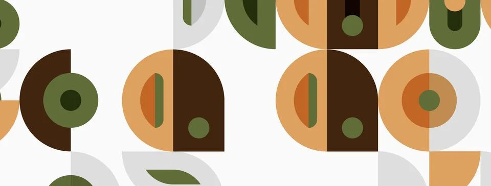 Retro pattern features overlapping circles, semicircles, muted browns, greens Stockillustratie