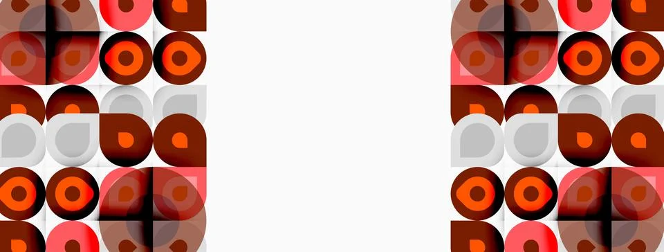 Retro pattern features overlapping circles, squares. Shades include brown, re 스톡 일러스트
