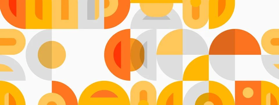 Retro pattern features overlapping circles, squares, curved shapes. Warm or.. Stockillustratie