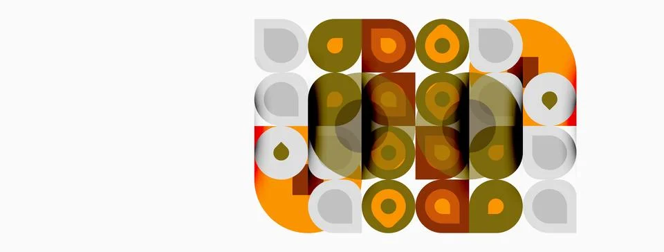 Retro pattern features overlapping circles, squares. Colors include orange, Illustrazione stock