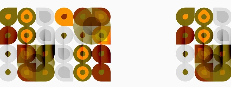 Retro pattern features overlapping circles, squares, muted browns, oranges, Stockillustratie