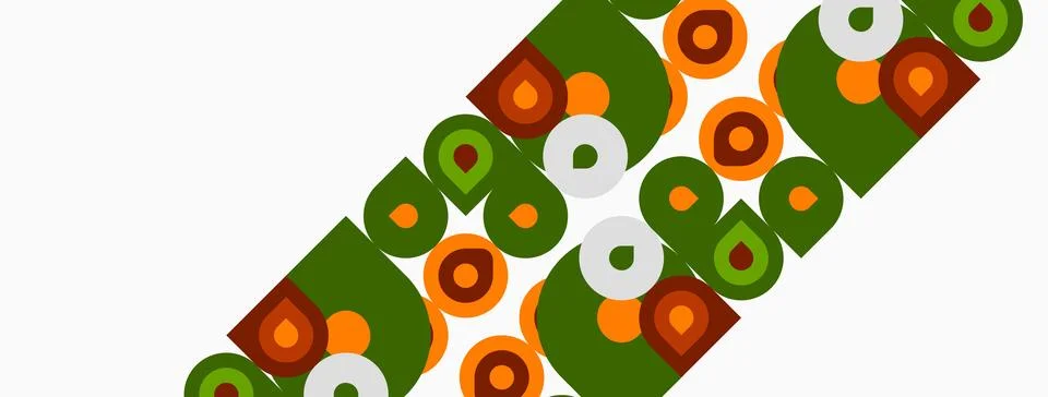 Retro pattern features overlapping circles, squares, shapes. Colors include 스톡 일러스트