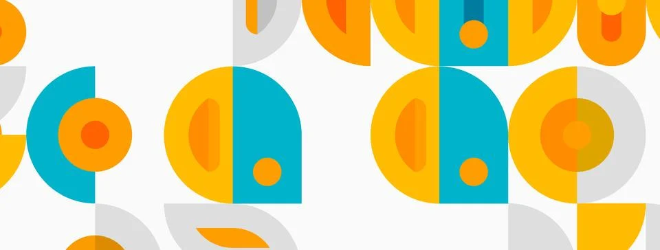 Retro pattern features overlapping circles, semicircles. Orange, teal, gray Illustrazione stock