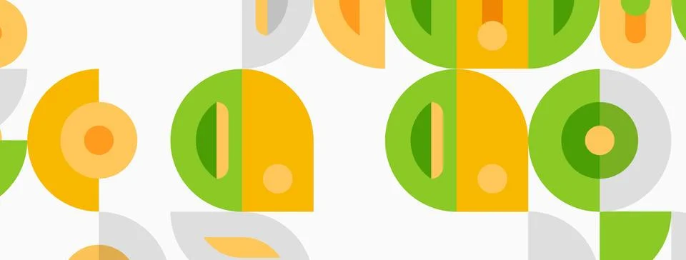 Retro pattern features overlapping circles, semicircles. Orange, green hues Illustrazione stock