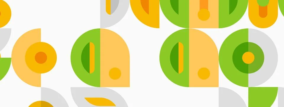 Retro pattern features overlapping circles, semicircles. Colors include orang 스톡 일러스트