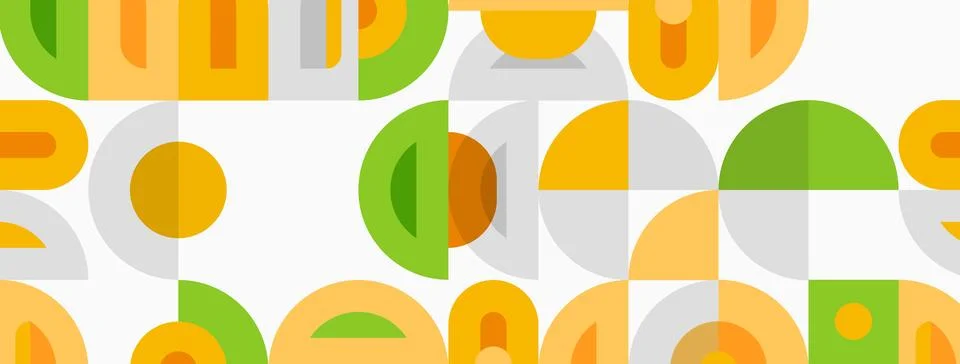 Retro pattern features overlapping circles, semicircles, squares. Colors in.. イラスト素材