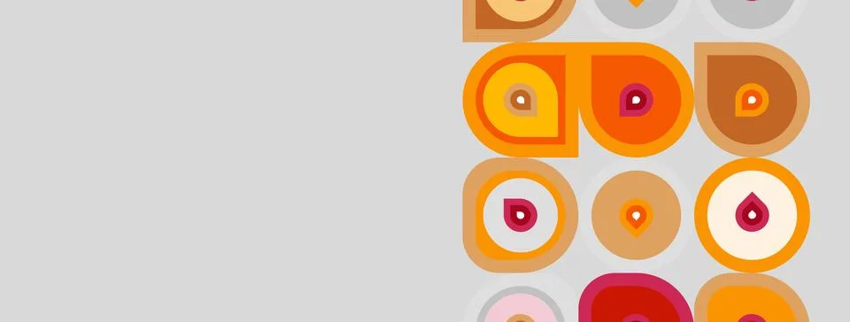 Retro pattern features overlapping circles, squares, rectangles. Warm orange, 스톡 일러스트
