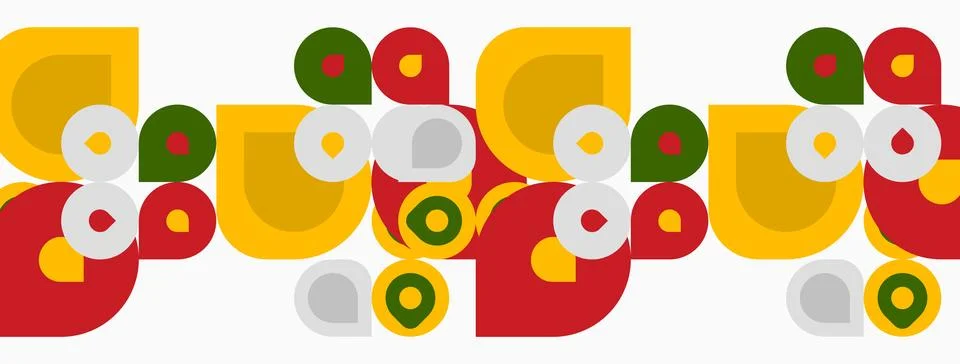 Retro pattern features overlapping circles. Colors include yellow, red, green Illustrazione stock