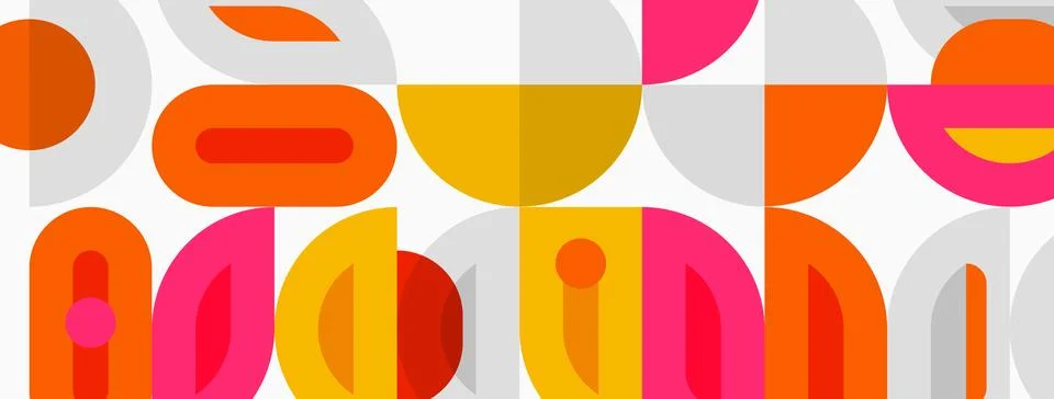 Retro pattern features overlapping curved shapes. Orange, yellow, pink, gray Stock Illustration