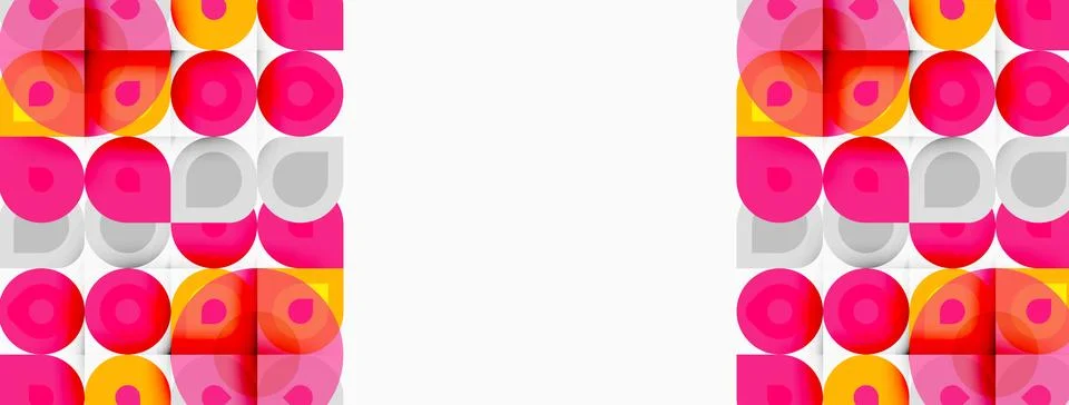 Retro pattern features repeating circles, squares. Pink, orange, gray hues Illustrazione stock