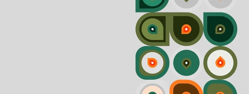 Retro pattern features repeating circles, teardrops. Colors include muted g.. イラスト素材