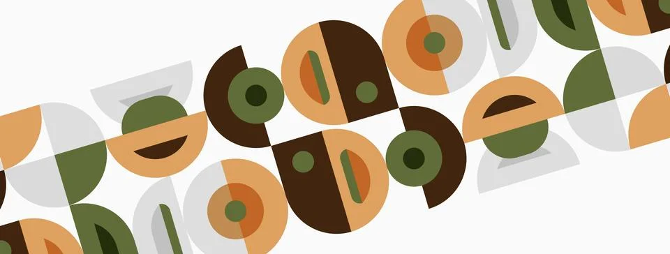 Retro pattern features repeating geometric shapes. Circles, semicircles, sq.. Illustrazione stock