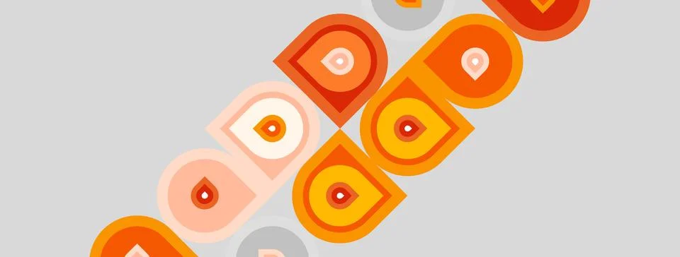 Retro pattern features repeating orange circles, squares. Light gray backgrou Illustrazione stock