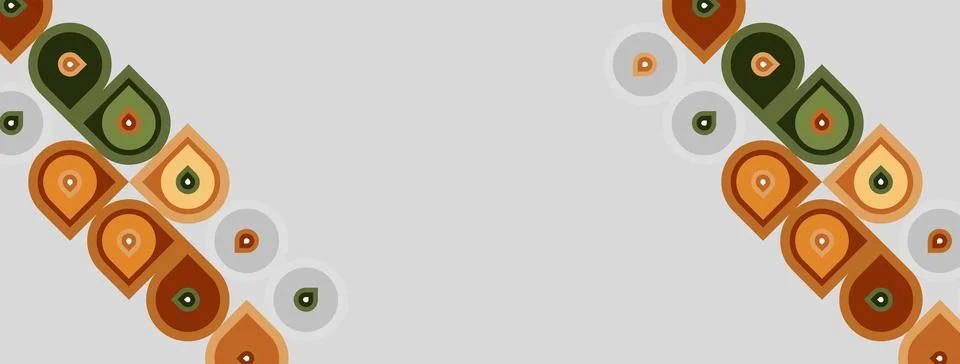 Retro pattern features repeating shapes. Brown, orange, green hues dominate Illustrazione stock