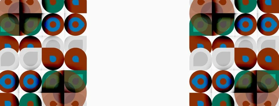 Retro pattern features repeating squares, circles. Colors include brown, gree 스톡 일러스트