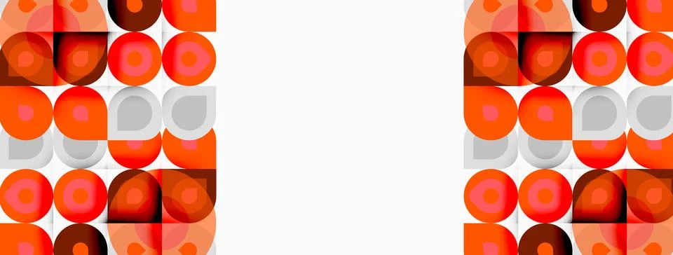 Retro pattern features repeating squares, circles, orange tones. Clean white Illustrazione stock