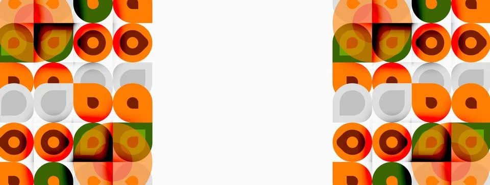 Retro pattern features repeating squares, circles. Orange, green, brown hues Stock Illustration