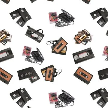 Retro pattern in form of old videotapes and audiotapes on white background. Stock Photos