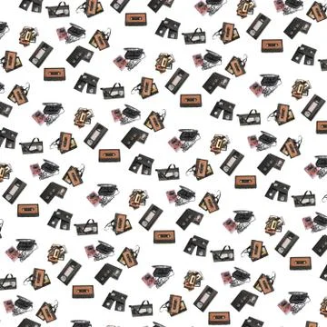 Retro pattern in form of old videotapes and audiotapes on white background. Foto stock