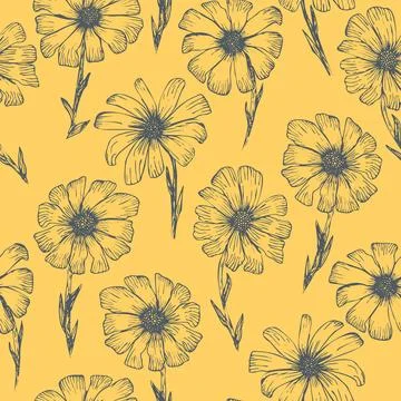 Retro pattern with outline chamomile flowers Stock Illustration