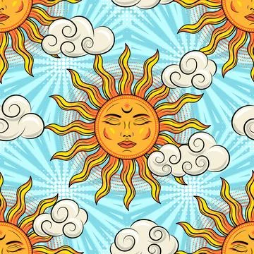Retro pattern with sun with face, clouds Stock Illustration