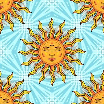 Retro pattern with sun with face, radial beams Stock Illustration
