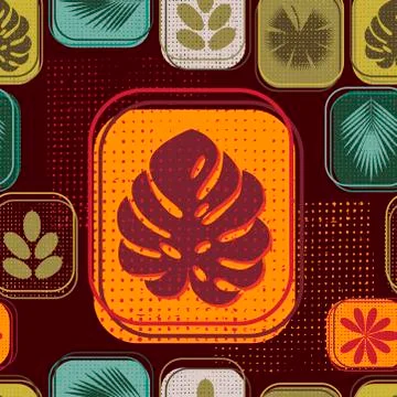 Retro pattern with tropical leaves. Geometric pattern with grunge texture. Re Stock-Illustration