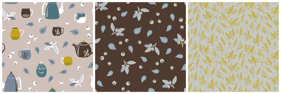 Retro patterns with ceramic tableware, berries and plants Stock Illustration