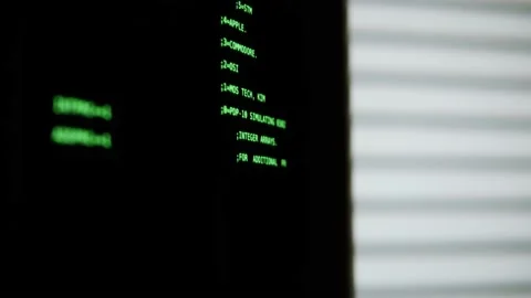 Retro pc with loading code console, programmer making scripts, green basic Stock Footage 214978969