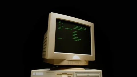 Retro pc with loading code console, programmer making scripts, green basic Stock Footage 214979453
