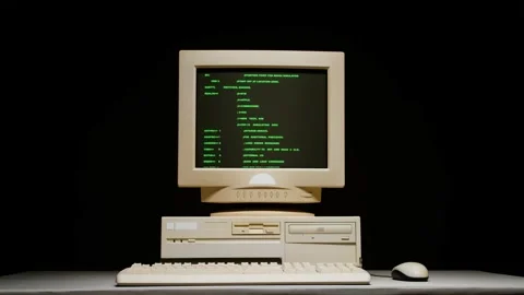 Retro pc with loading code console, programmer making scripts, green basic Stock Footage 214979620