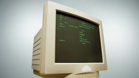 Retro pc with loading code console, programmer making scripts, green basic Stock Footage 214980926