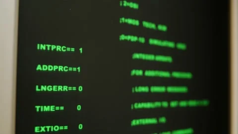 Retro pc with loading code console, programmer making scripts, green basic Stock Footage 214981155