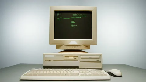 Retro pc with loading code console, programmer making scripts, green basic Stock Footage 214987600