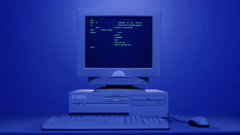 Retro pc with loading code console, programmer making scripts, green basic Stock Footage 214989972