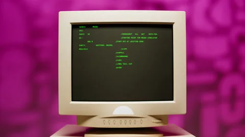 Retro pc with loading code console, programmer making scripts, green basic Stock Footage 214991240