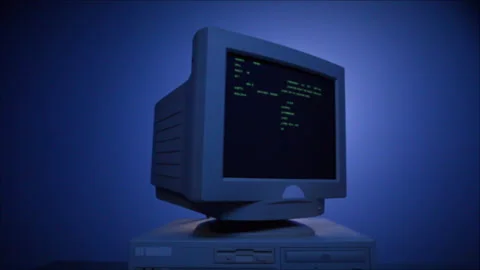 Retro pc with loading code console, programmer making scripts, green basic Stock Footage 214993014