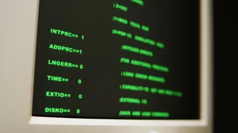 Retro pc with loading code console, programmer making scripts, green basic Stock Footage 218271657