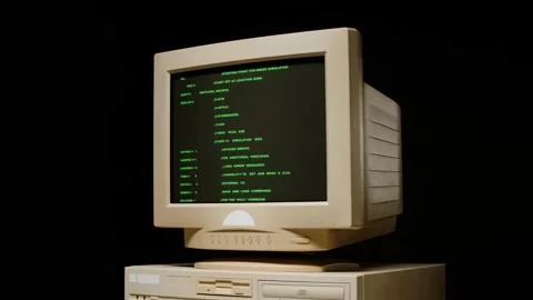 Retro pc with loading code console, programmer making scripts, green basic Stock Footage 218271808