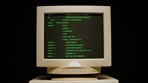 Retro pc with loading code console, programmer making scripts, green basic Stock Footage 218271870