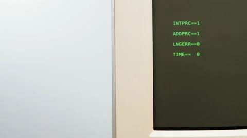 Retro pc with loading code console, programmer making scripts, green basic Stock Footage 218272202